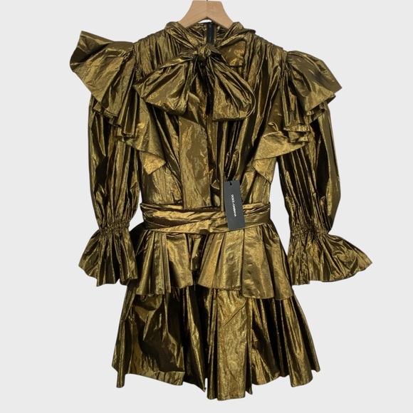 Dolce & Gabbana NWT Gold Bronze Metallic Tie Neck Ruffle Mini Dress Size 38 - Picture 2 of 11